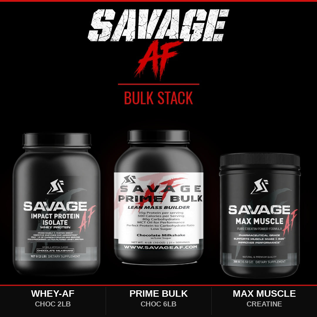 Savage Bulk Stack | 2lb Choc Whey + Choc Prime Bulk + Max Muscle Creatine | Mass Gainer Stack - Complete Bundle Product Image