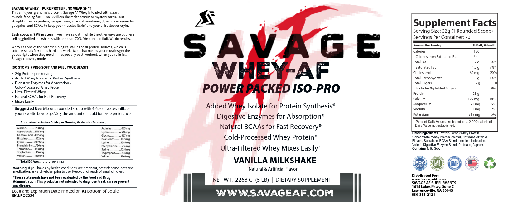 Protein Stack | 5lb Vanilla Whey + BCAA + Creatine | High-Protein Muscle Building Bundle - Supplement Facts Label