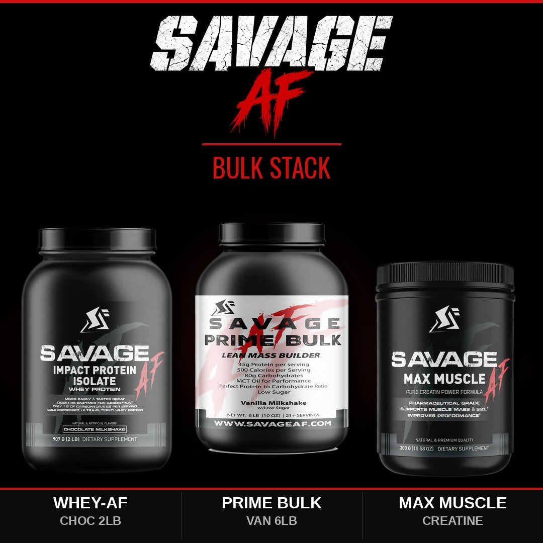 Savage Bulk Stack | 2lb Choc Whey + Vanilla Prime Bulk + Max Muscle Creatine | Mass Gainer Stack - Complete Bundle Product Image