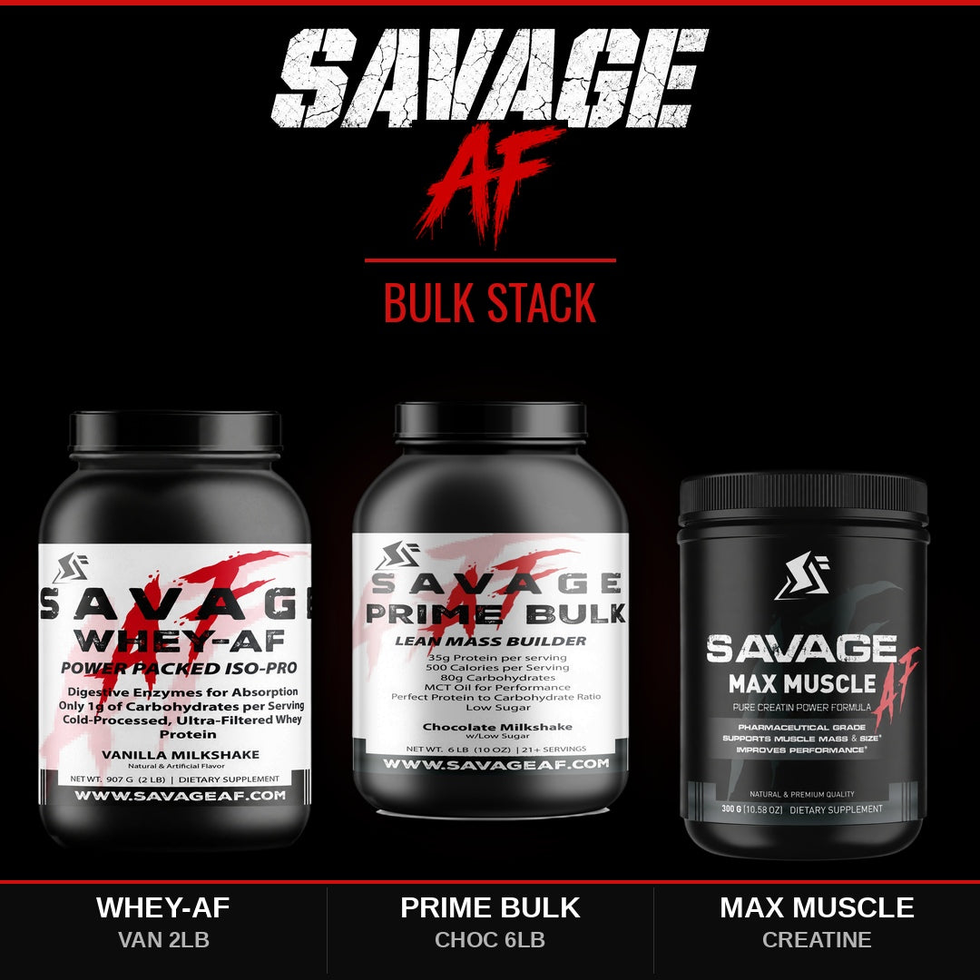 Savage Bulk Stack | 2lb Vanilla Whey + Choc Prime Bulk + Max Muscle Creatine | Mass Gainer Stack - Complete Bundle Product Image