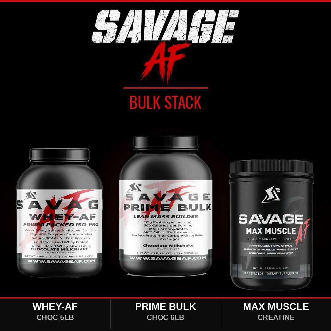 Savage Bulk Stack | 5lb Choc Whey + Choc Prime Bulk + Max Muscle Creatine | Mass Gainer Stack - Complete Bundle Product Image