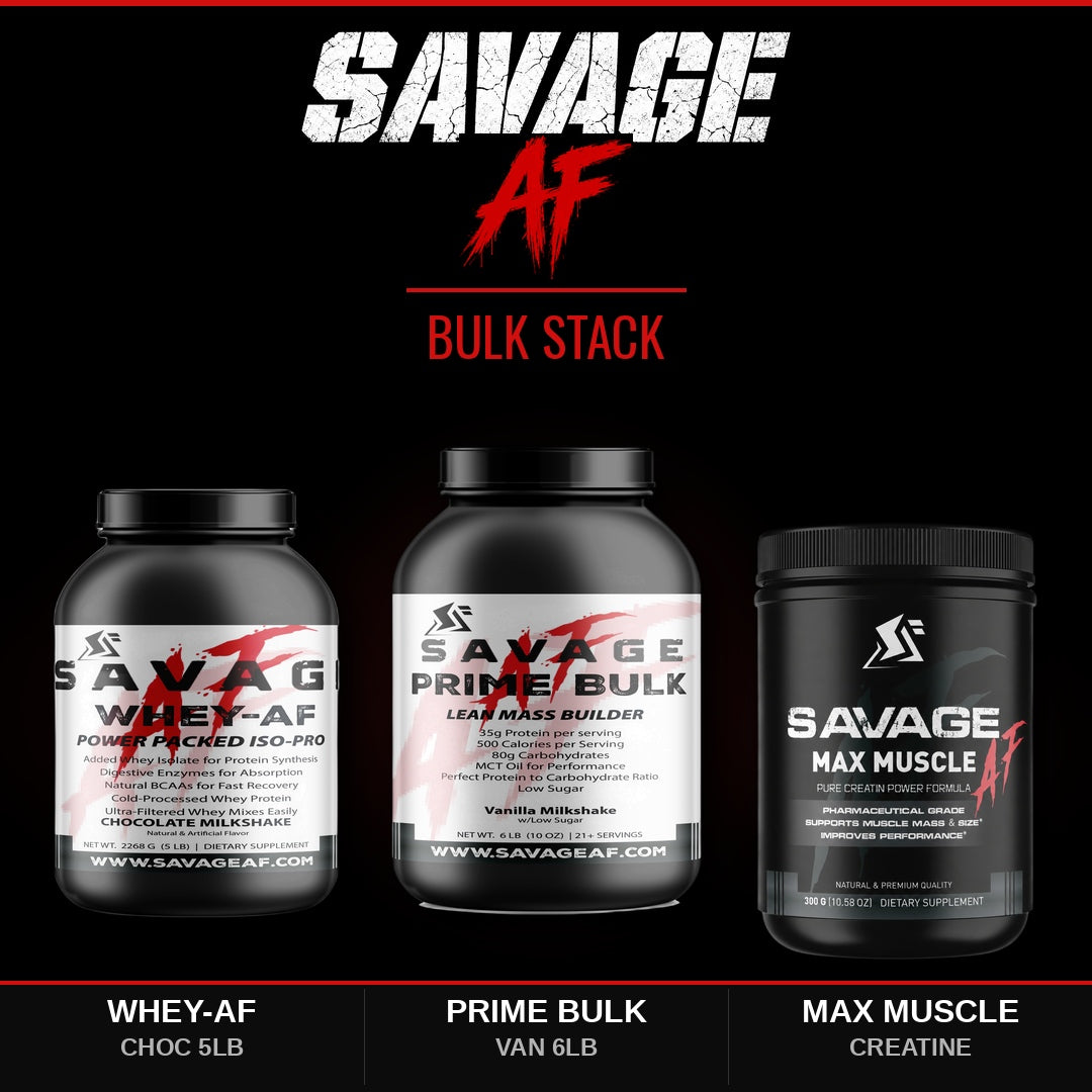 Savage Bulk Stack | 5lb Choc Whey + Vanilla Prime Bulk + Max Muscle Creatine | Mass Gainer Stack - Complete Bundle Product Image