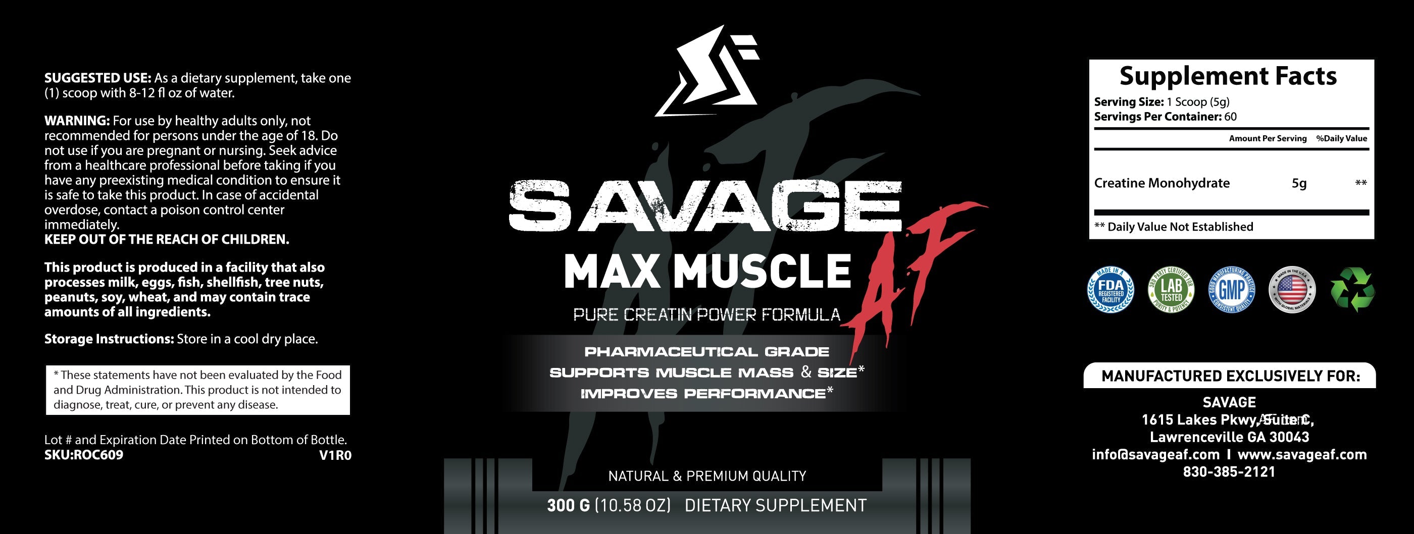 Savage Bulk Stack | 5lb Choc Whey + Vanilla Prime Bulk + Max Muscle Creatine | Mass Gainer Stack - Supplement Facts Label