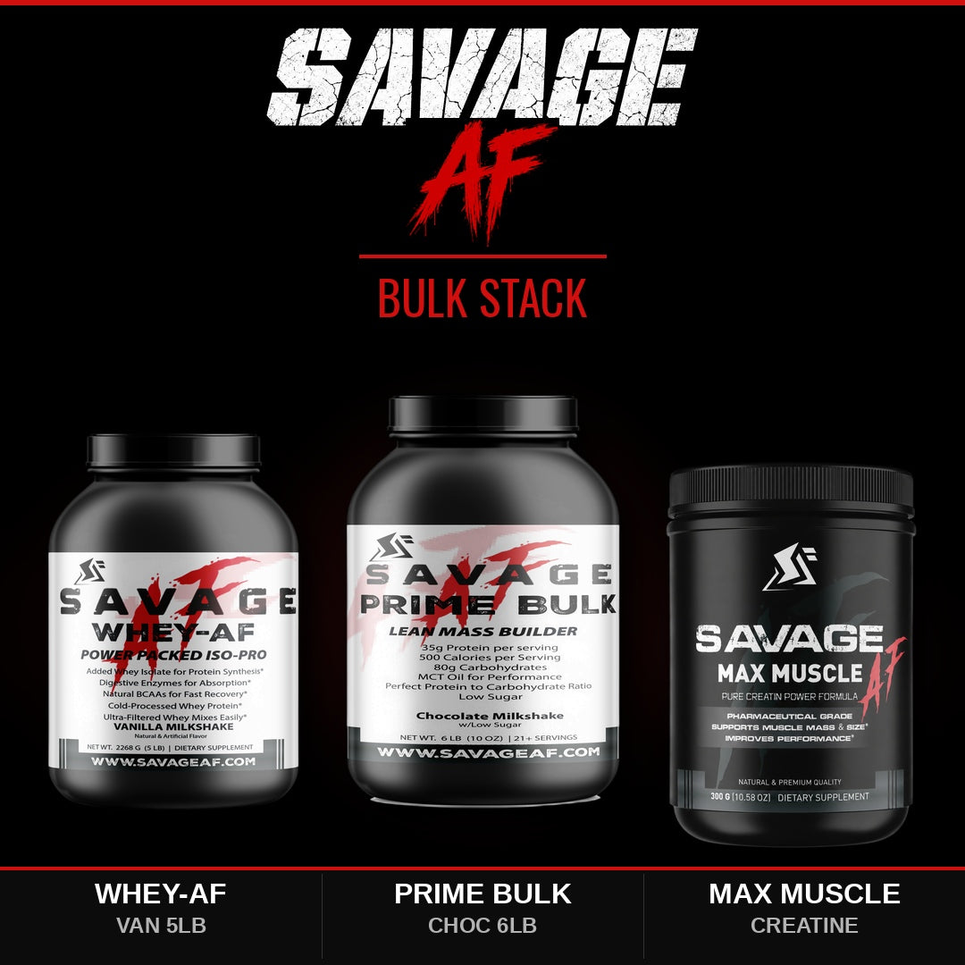 Savage Bulk Stack | 5lb Vanilla Whey + Choc Prime Bulk + Max Muscle Creatine | Mass Gainer Stack - Complete Bundle Product Image