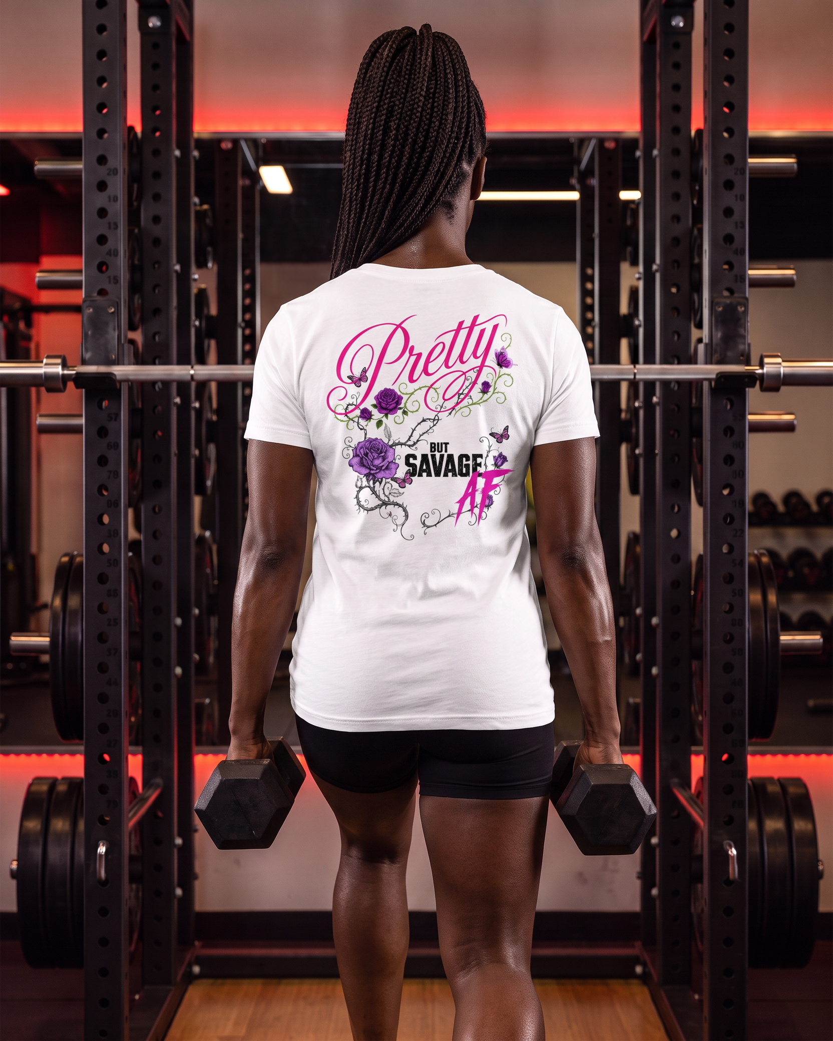 Pretty But Savage AF Women’s Relaxed Tee — matching approved active tough Black woman showing the exact Pretty But Savage AF back design