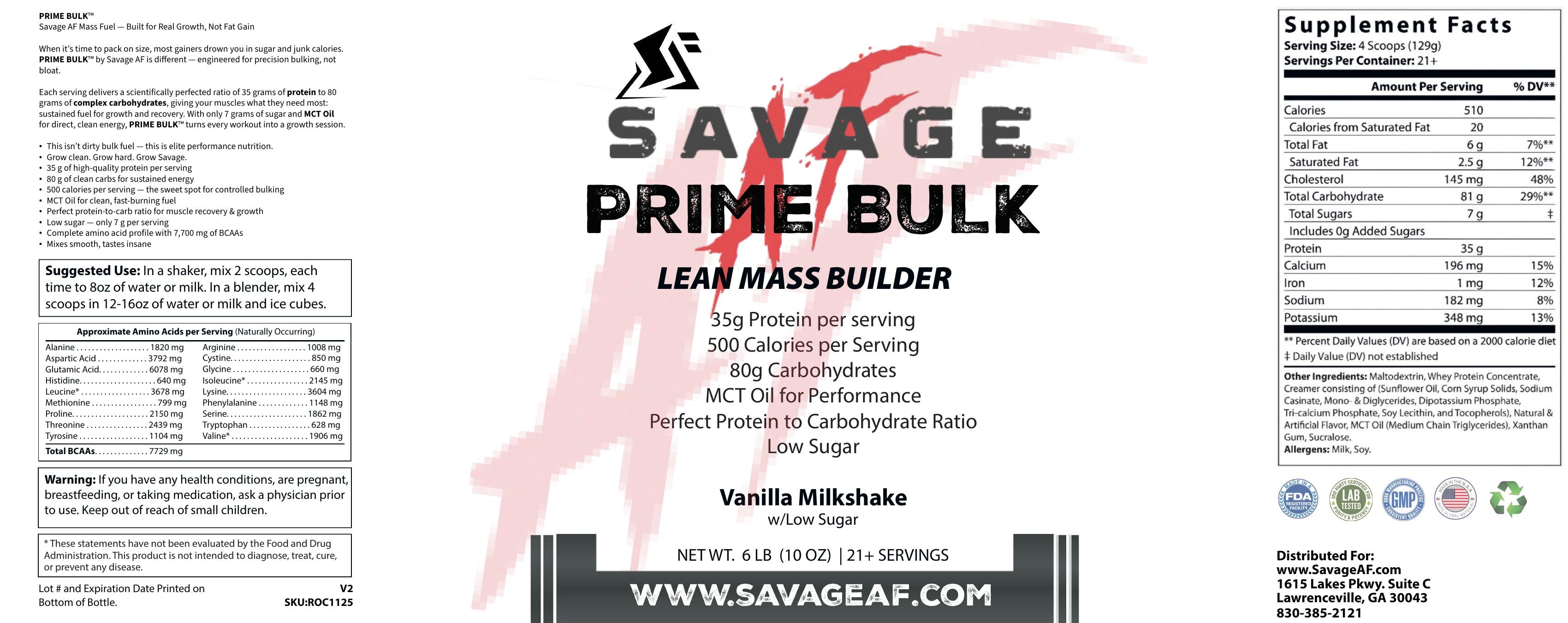 Savage Prime Bulk Lean Mass Gainer Protein Powder – Vanilla Milkshake 5LB - Supplement Facts Label