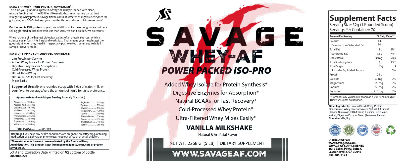 Whey Protein Isolate Vanilla 5lb | ISO-PRO High Protein Muscle Building Powder - Supplement Facts and Ingredients
