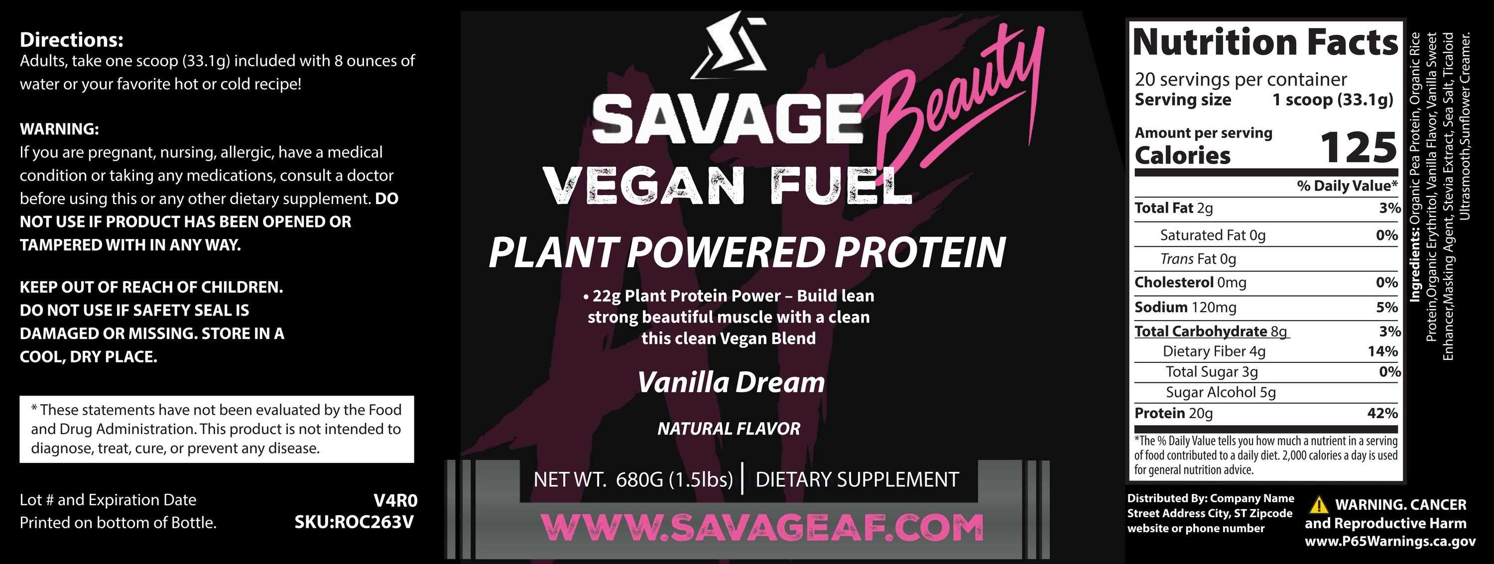 Vegan Fuel Plant Protein Vanilla | Dairy-Free Muscle Recovery Protein Powder - Supplement Facts and Ingredients