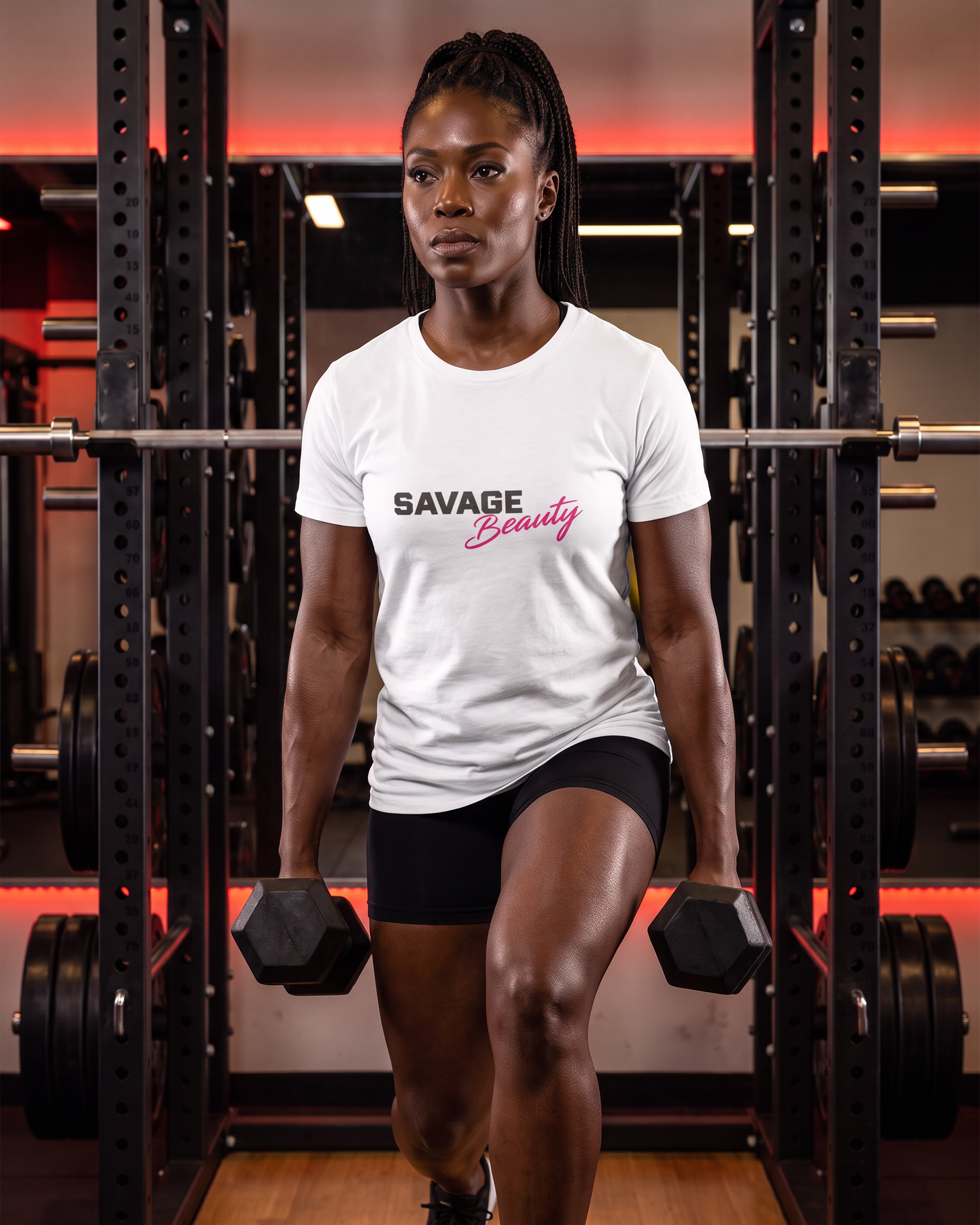 Pretty But Savage AF Women’s Relaxed Tee — approved active tough Black woman in a dumbbell walking lunge showing the exact Savage Beauty front design