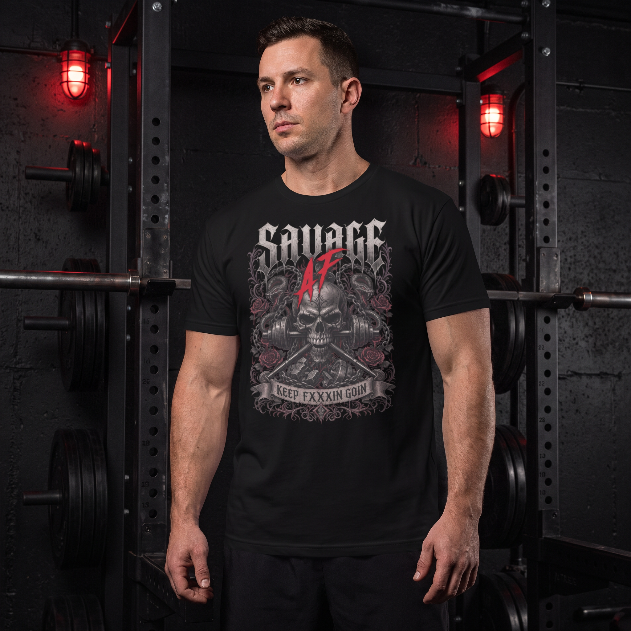 Keep FXXXIN GOIN — Premium Heavyweight Tee — Savage AF athlete lifestyle image showing the exact garment design