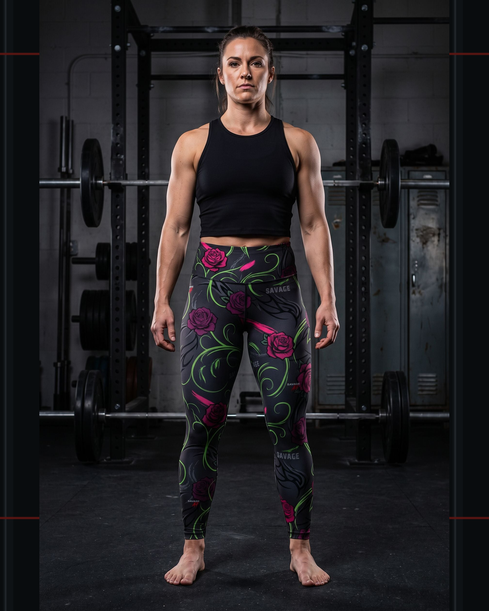 Savage Beauty all-over leggings — approved single-athlete gym image in full-size 4:5 collection frame
