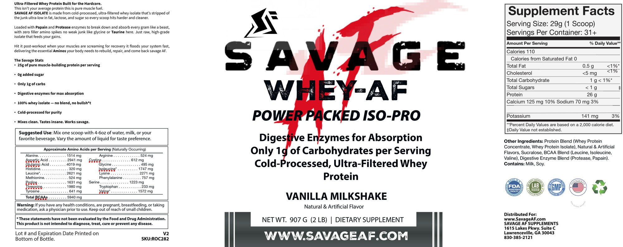 Whey Protein Isolate Vanilla 2lb | Fast-Absorbing Muscle Recovery Powder - Supplement Facts and Ingredients