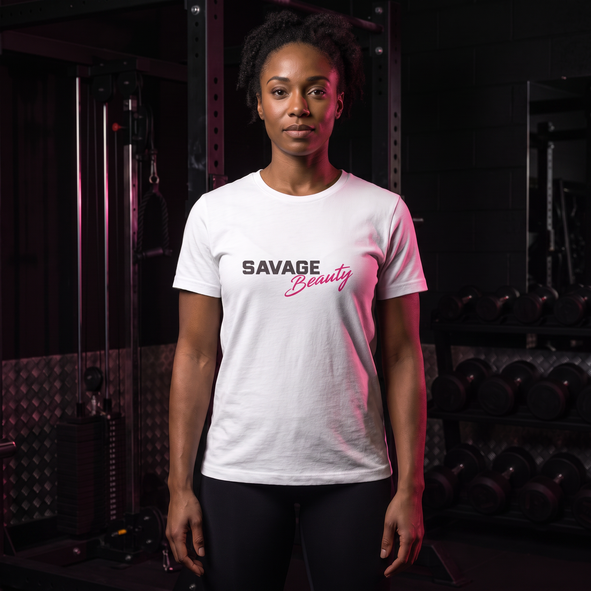 Pretty But Savage AF Women’s Relaxed Tee — fit African American athlete wearing the exact white Savage Beauty front design