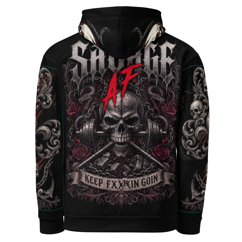 Keep FXXKIN GOIN Full Sleeve Tattoo All-Over Hoodie - exact Printful back ghost mockup