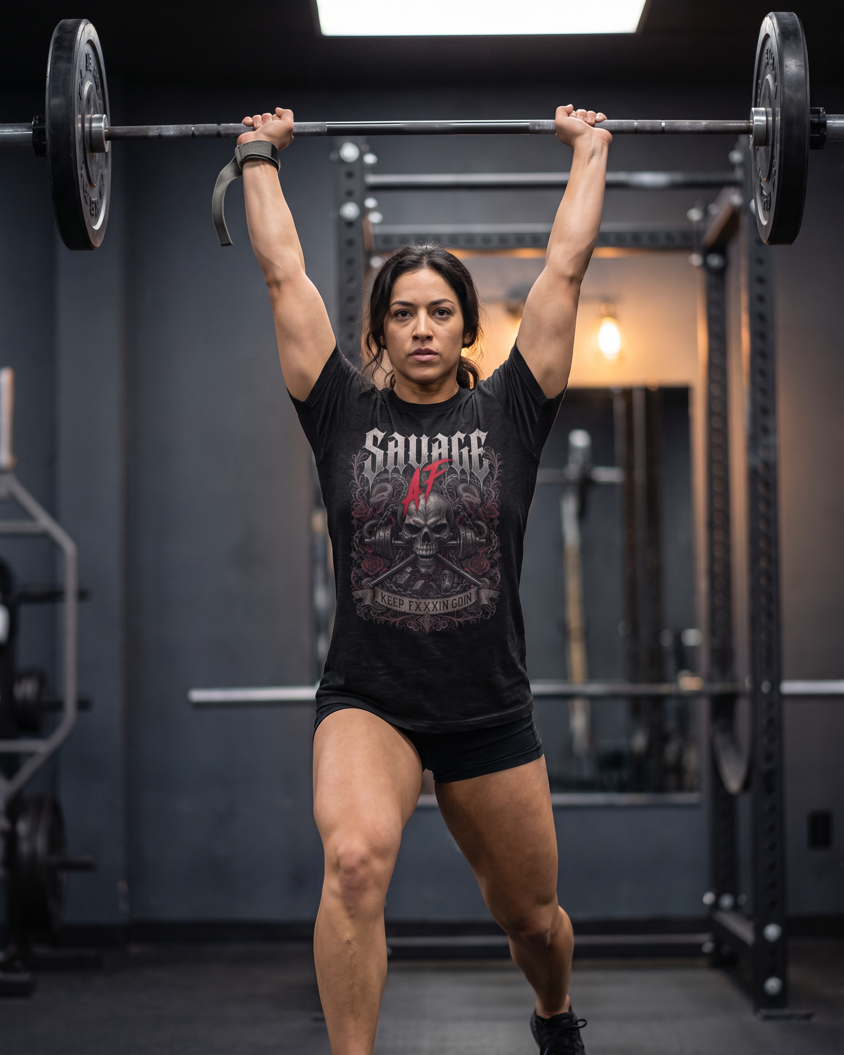 KEEP FXXKIN GOIN Women’s Gym Motivation Tee — approved clean-and-jerk athlete hover image, exact approved design