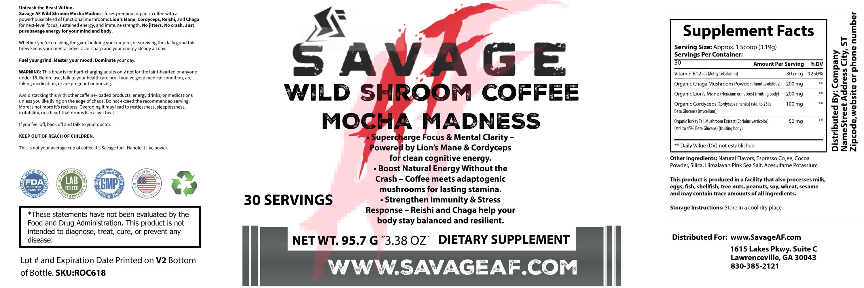Mushroom Coffee Mocha Madness | Lion's Mane & Cordyceps Focus & Energy Blend - Supplement Facts and Ingredients