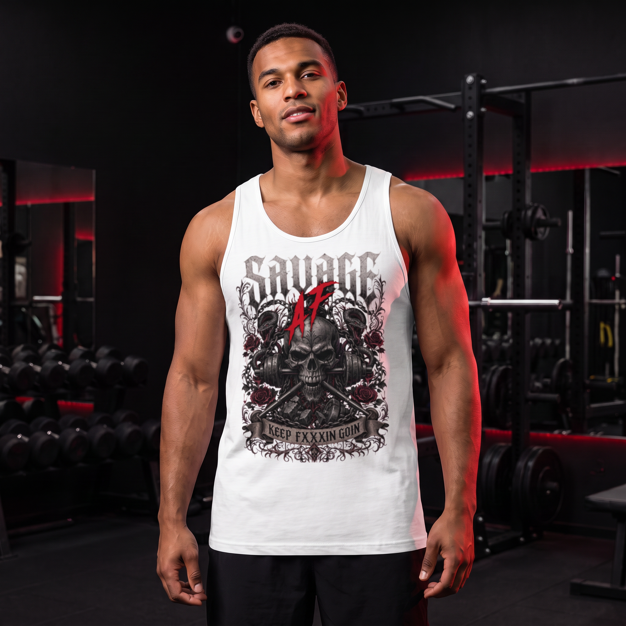 Keep FXXXIN GOIN — Men’s Premium Tank — Savage AF athlete lifestyle image showing the exact garment design